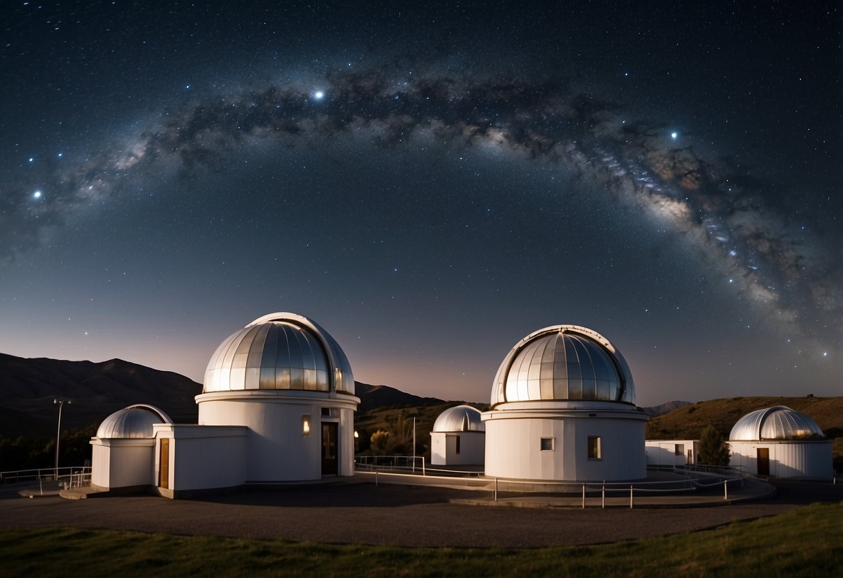 A panoramic view of 5 iconic astronomical observatories, each situated in a unique and stunning location, with telescopes pointed towards the night sky