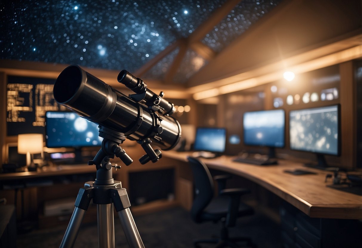 A telescope points towards the night sky at an astronomical observatory, surrounded by scientific instruments and computer screens. The stars shine brightly above