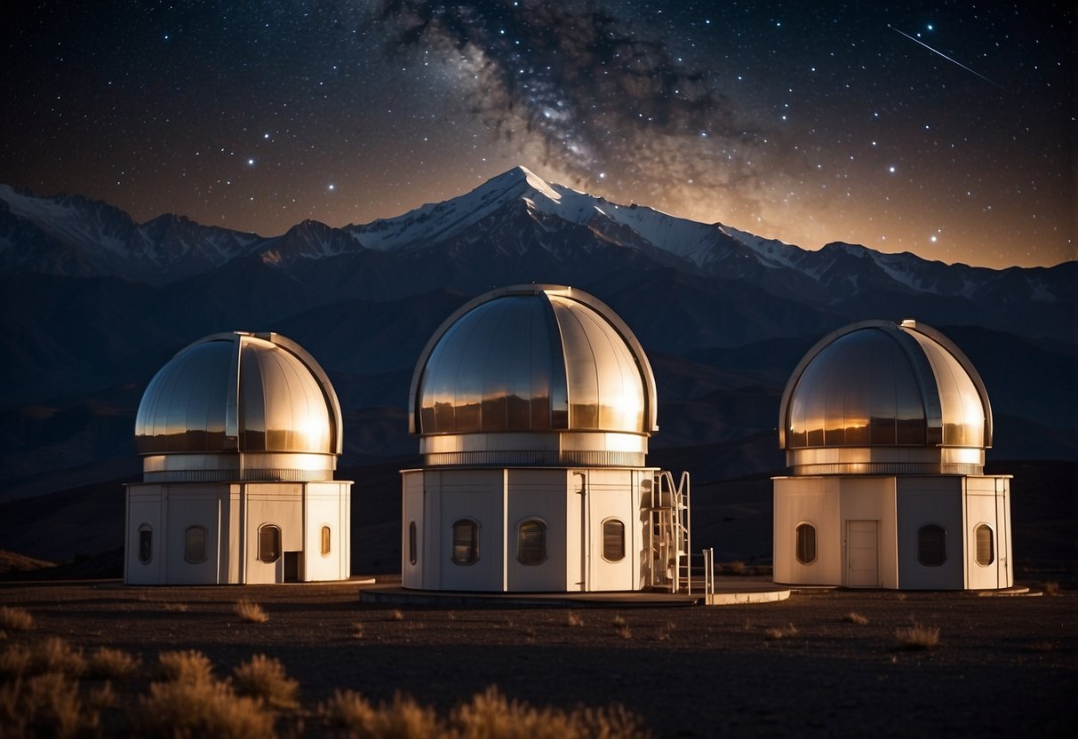 Astronomical observatories stand tall against a backdrop of stars, their domes open to the night sky, telescopes pointed towards the heavens