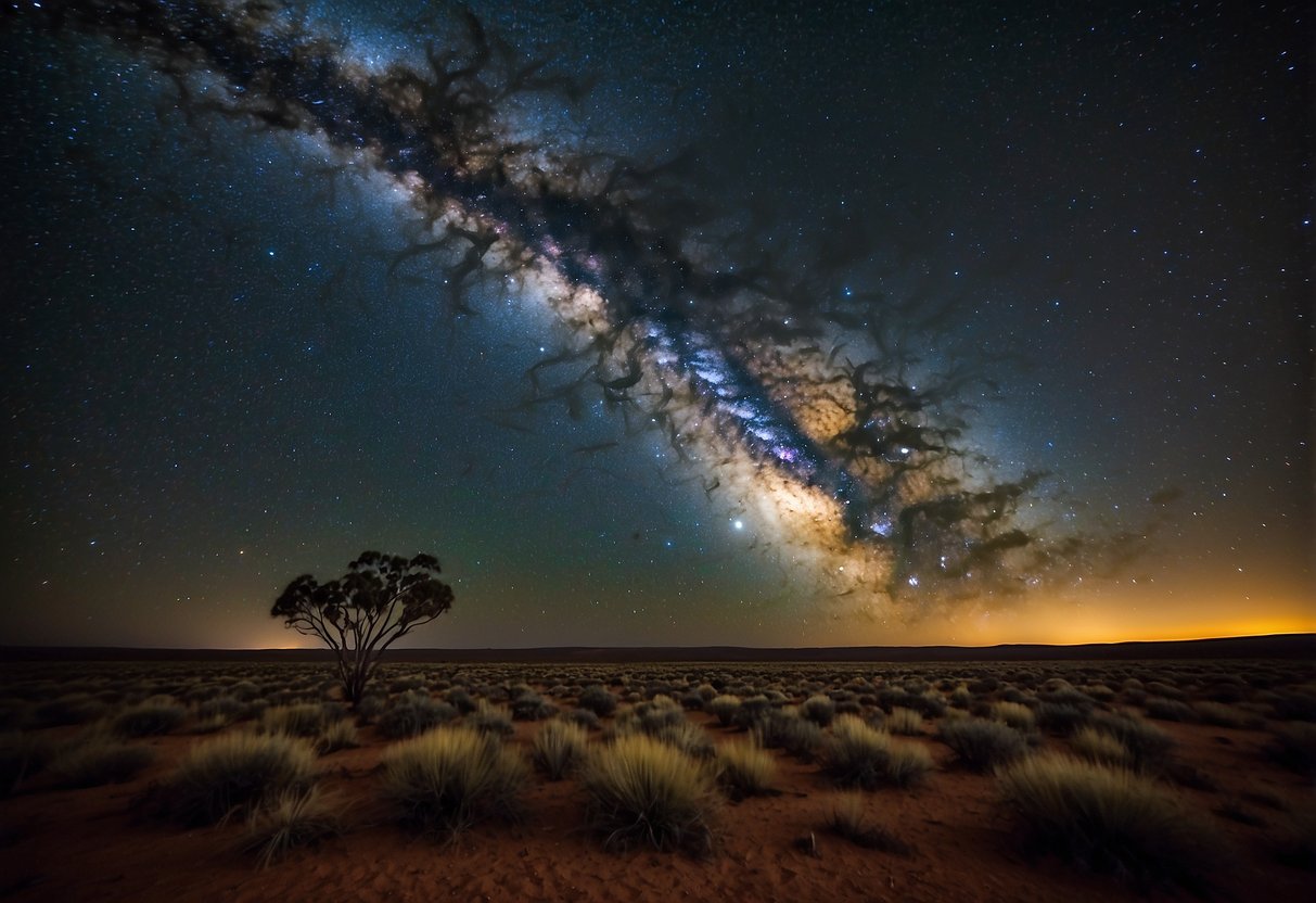 Clear night sky over Australian Outback. Bright stars and Milky Way visible. Remote location, no light pollution. Ideal for stargazing