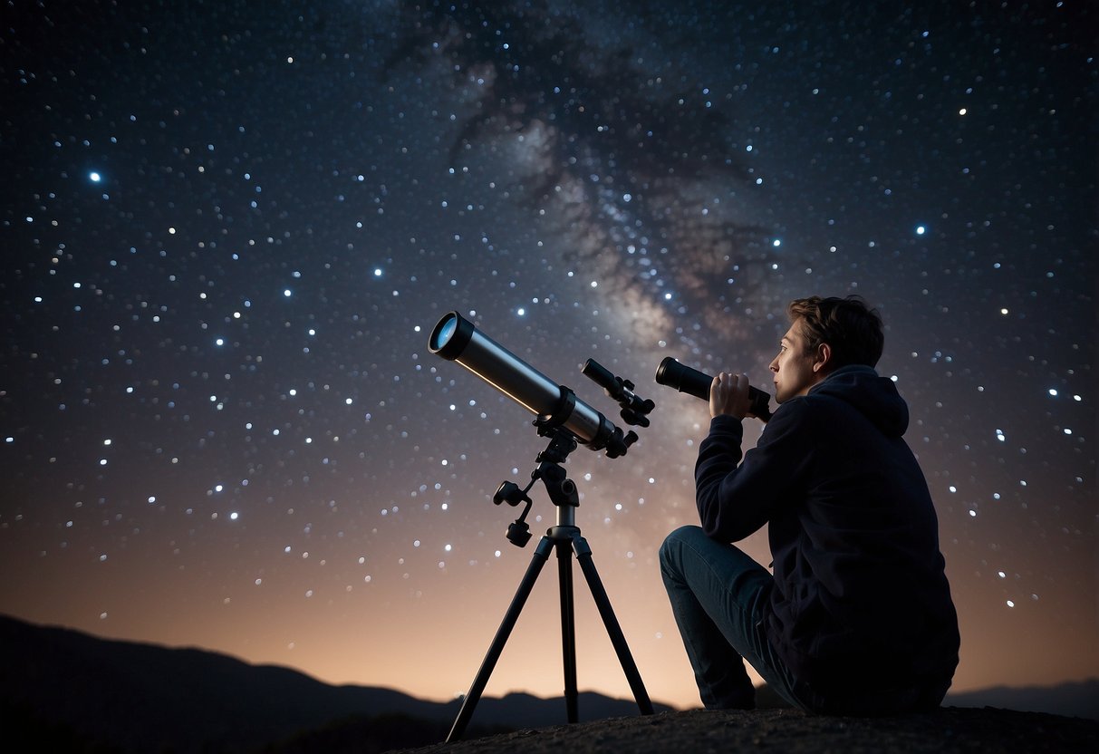 A person sits under a starry sky, using a telescope. They adjust the focus and position of the device to avoid eye strain. The scene is peaceful and serene, with a sense of wonder and curiosity