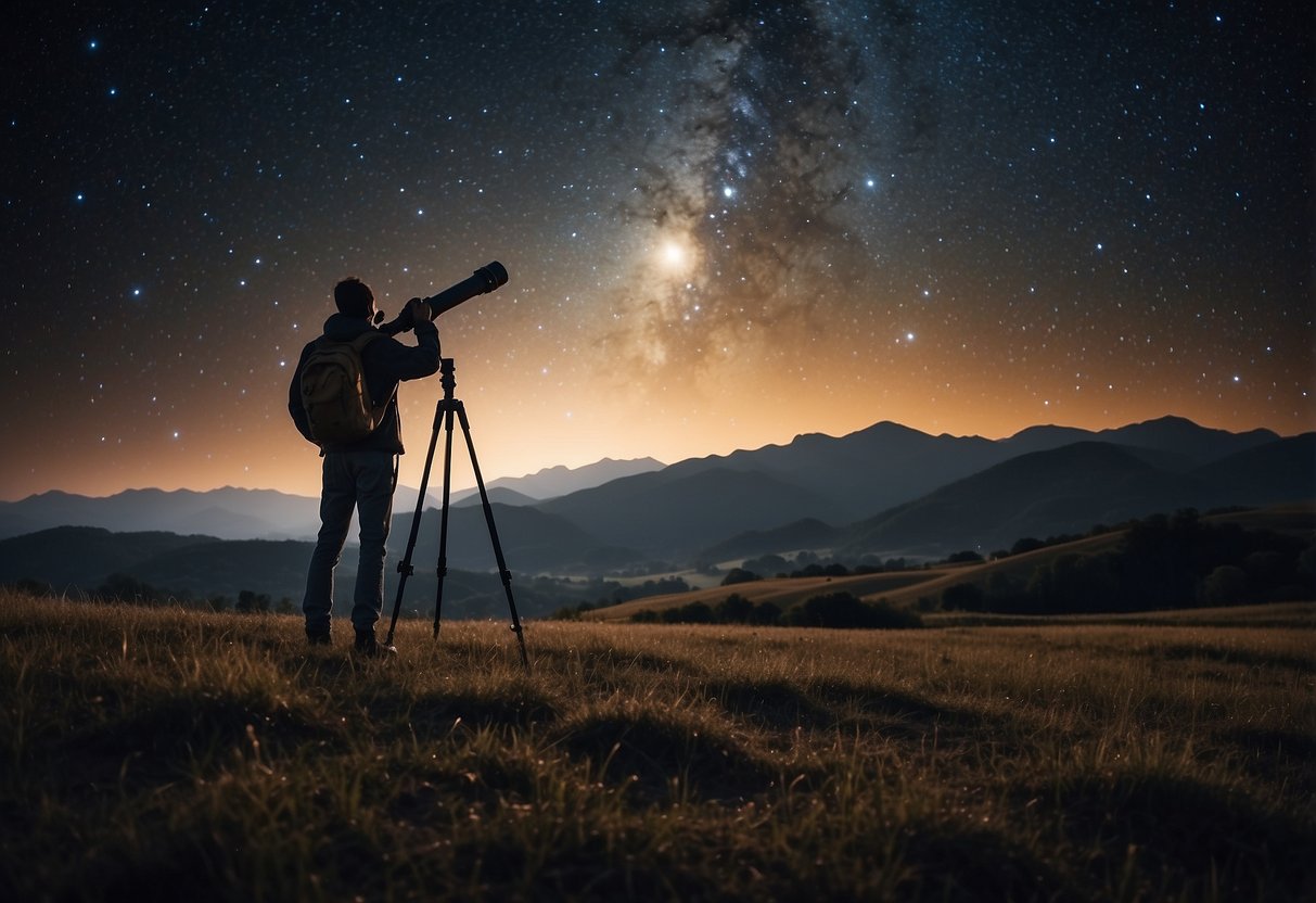 A person standing in a dark field, gazing up at the starry night sky, with a telescope or binoculars in hand. The distant stars and celestial objects are the focus of the scene