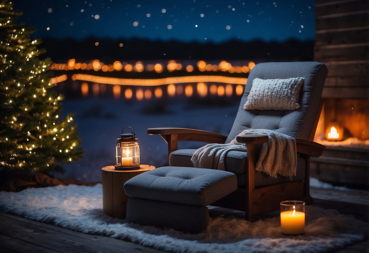 A cozy reclining chair with a supportive headrest, surrounded by soft blankets and a warm beverage, set against a backdrop of a starry night sky