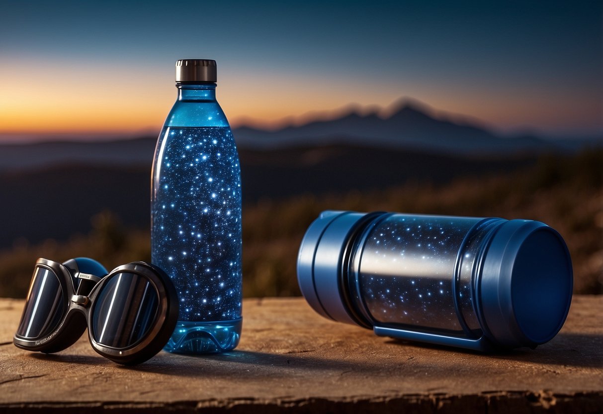 A water bottle next to a telescope, with a pair of glasses nearby. A starry night sky in the background