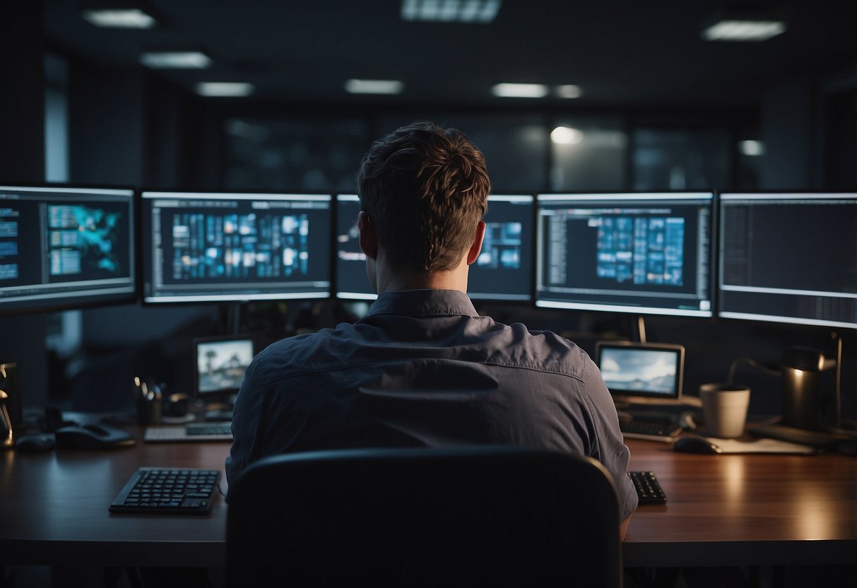 A person sitting at a desk, surrounded by screens and devices. They are squinting and rubbing their eyes, showing signs of discomfort from eye strain. The room is dimly lit, with harsh glares from the screens