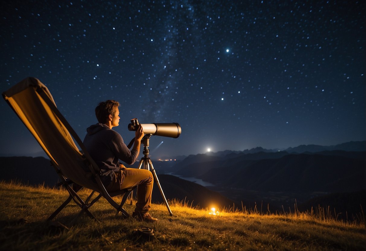 A person sits in a comfortable chair, looking up at the stars through a telescope. They have a warm drink and a notebook nearby, and a soft light illuminates their face as they take in the beauty of the night sky