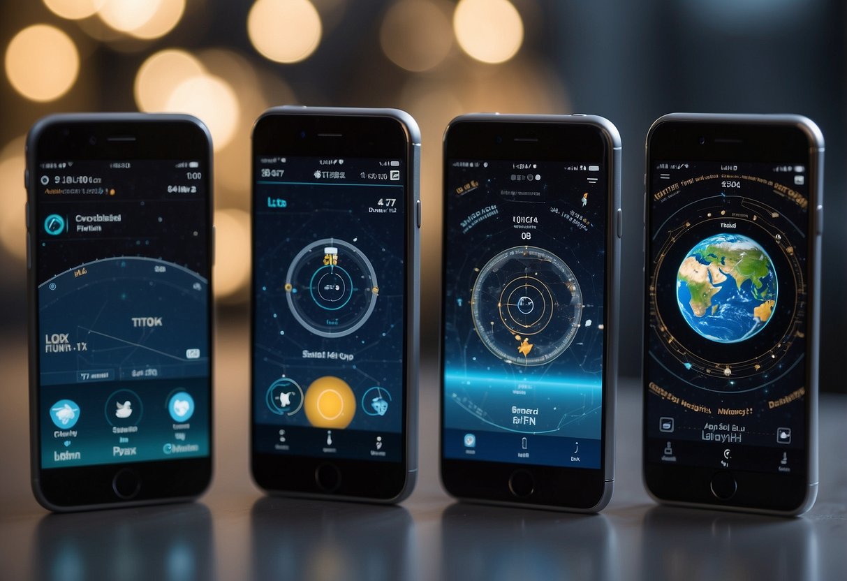 A smartphone displaying 5 satellite tracking apps with orbiting satellites in the background