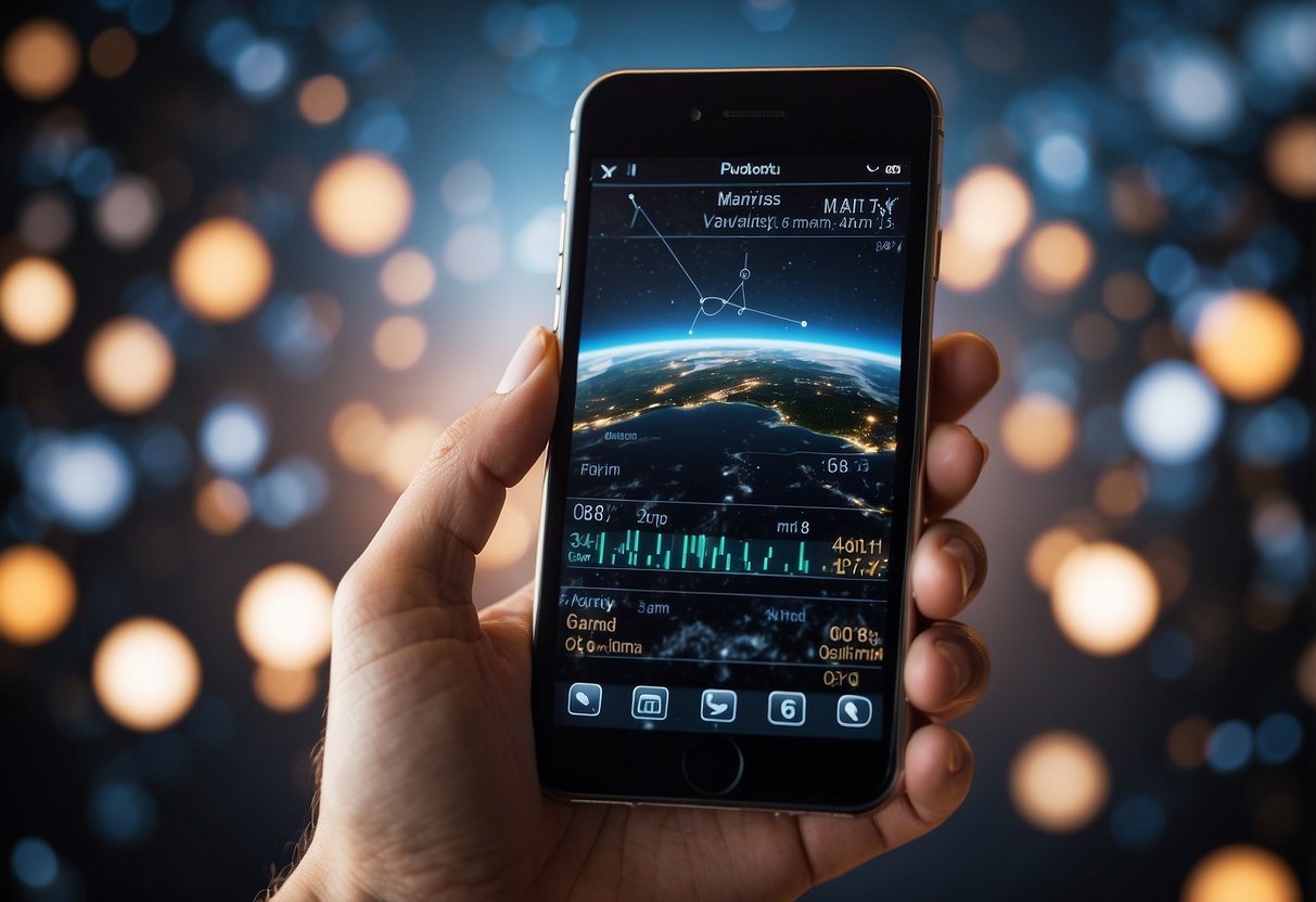 A smartphone displaying satellite tracking apps with orbiting satellites in the background