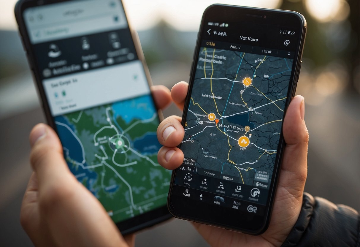 Satellite tracking apps displayed on a smartphone screen with detailed maps and real-time satellite positions