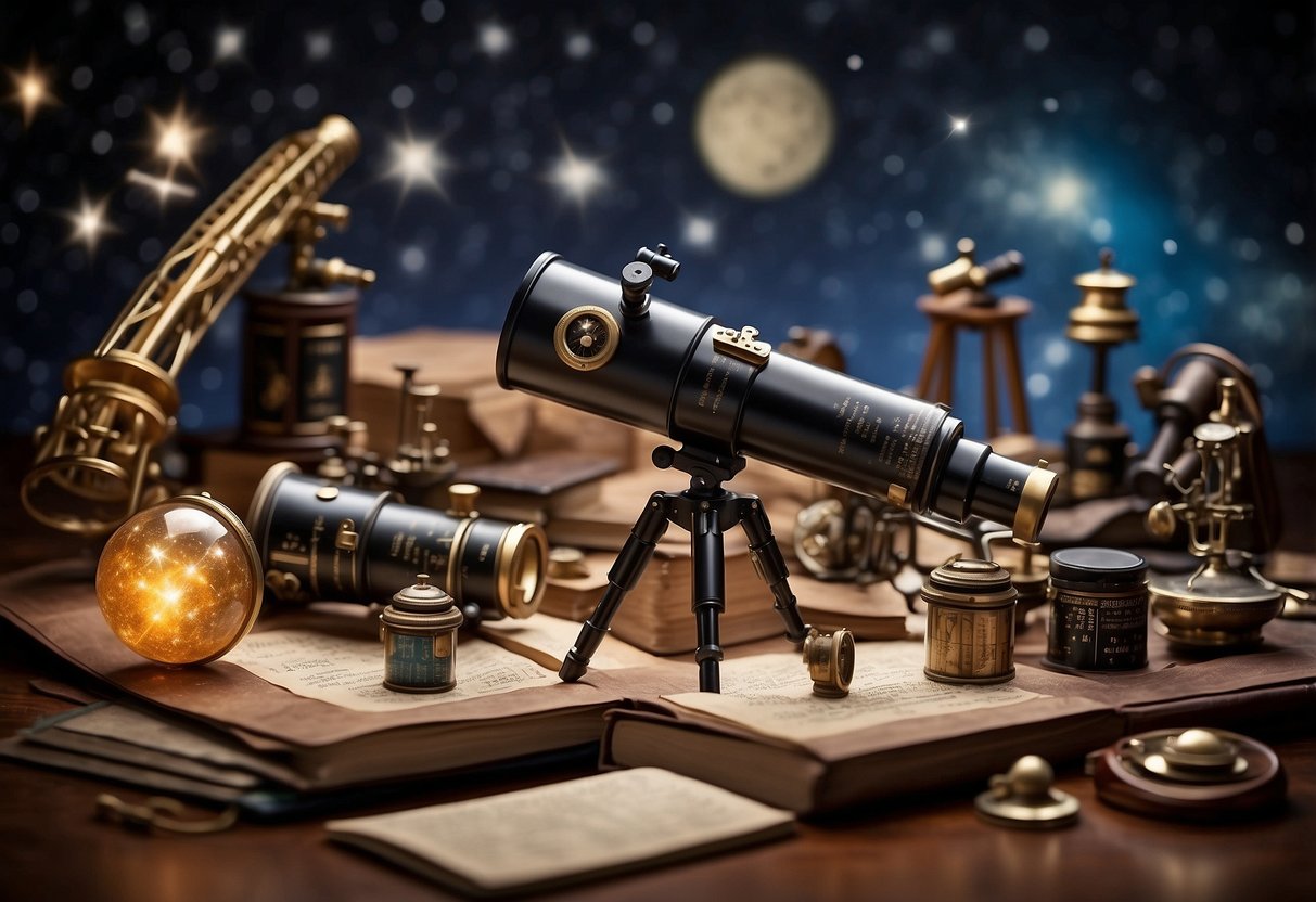 A group of celestial objects and instruments, such as telescopes and star charts, surrounded by the names of famous astronomers and their groundbreaking discoveries