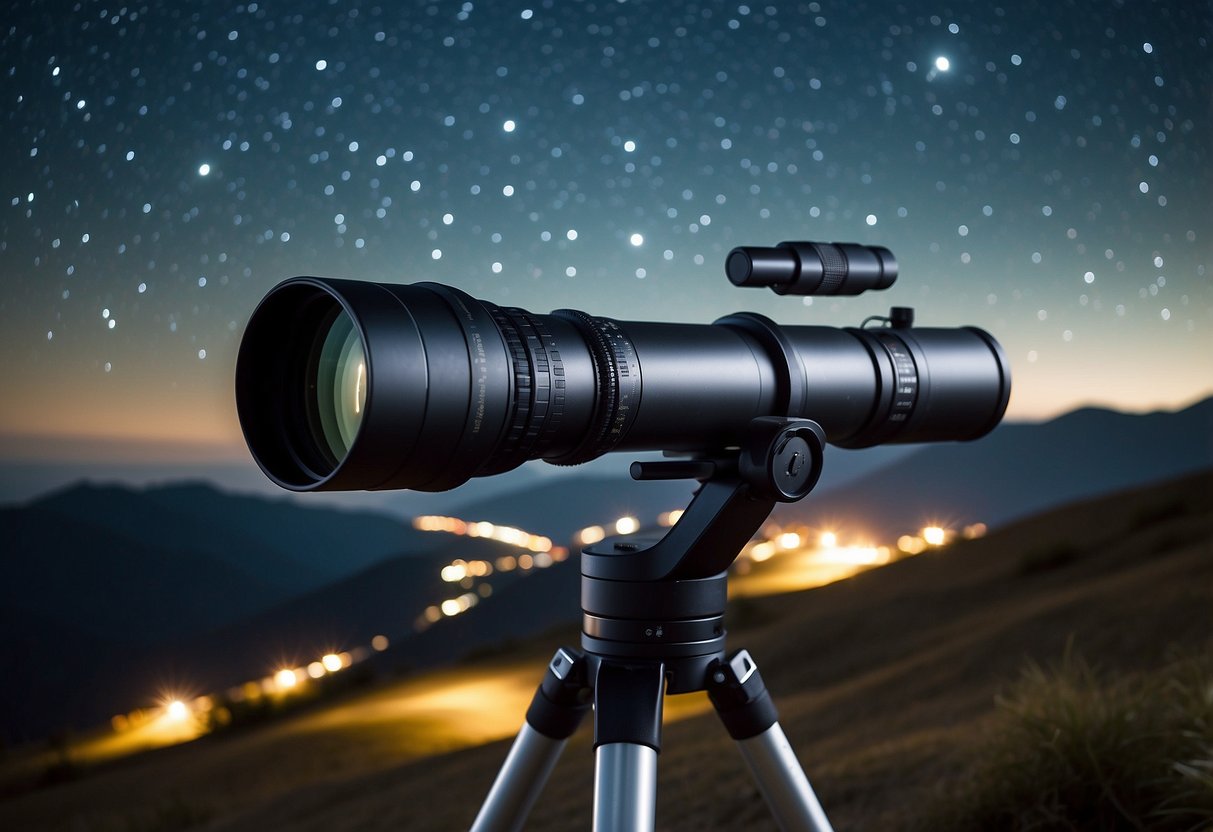 The night sky is clear, with stars twinkling brightly despite the strong wind. A telescope is set up, secured with weights, and a stargazer is bundled up in warm clothing, peering through the lens