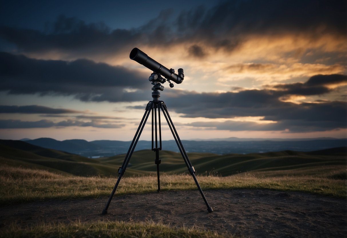 A sturdy tripod stands tall against the backdrop of a windy night sky, ready for stargazing