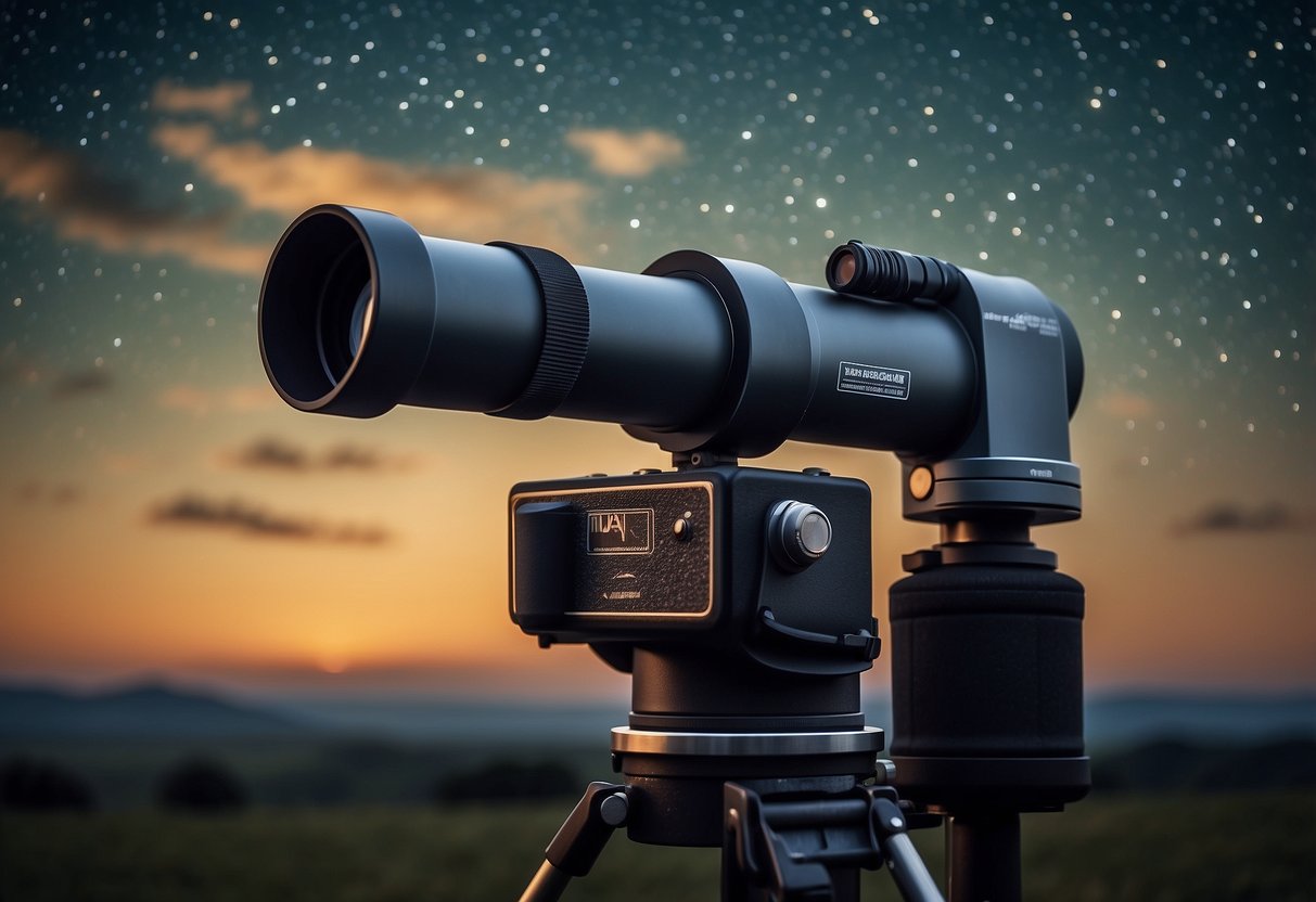 A telescope with a wind-resistant cover stands against a backdrop of a starry night sky, with the cover securely fastened to protect the telescope from the windy conditions