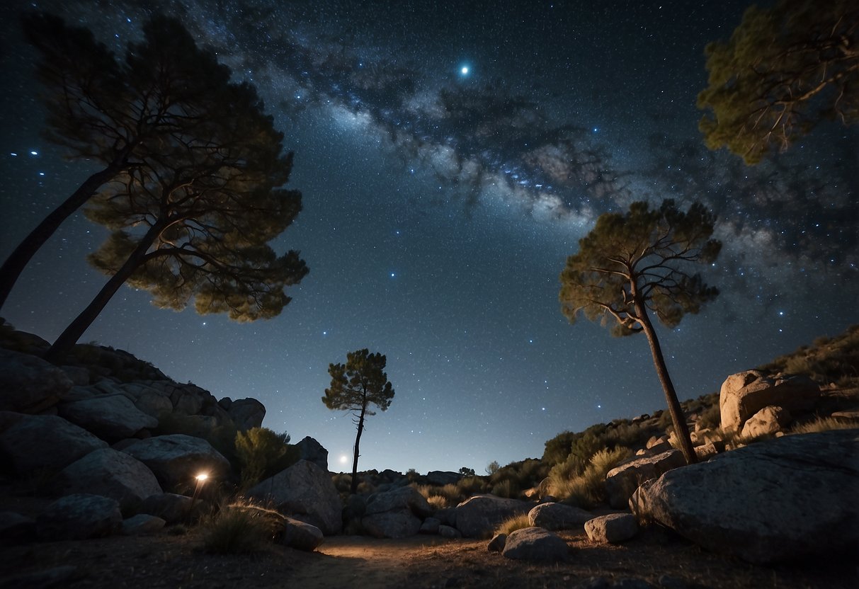 Starry sky above, trees and rocks block wind