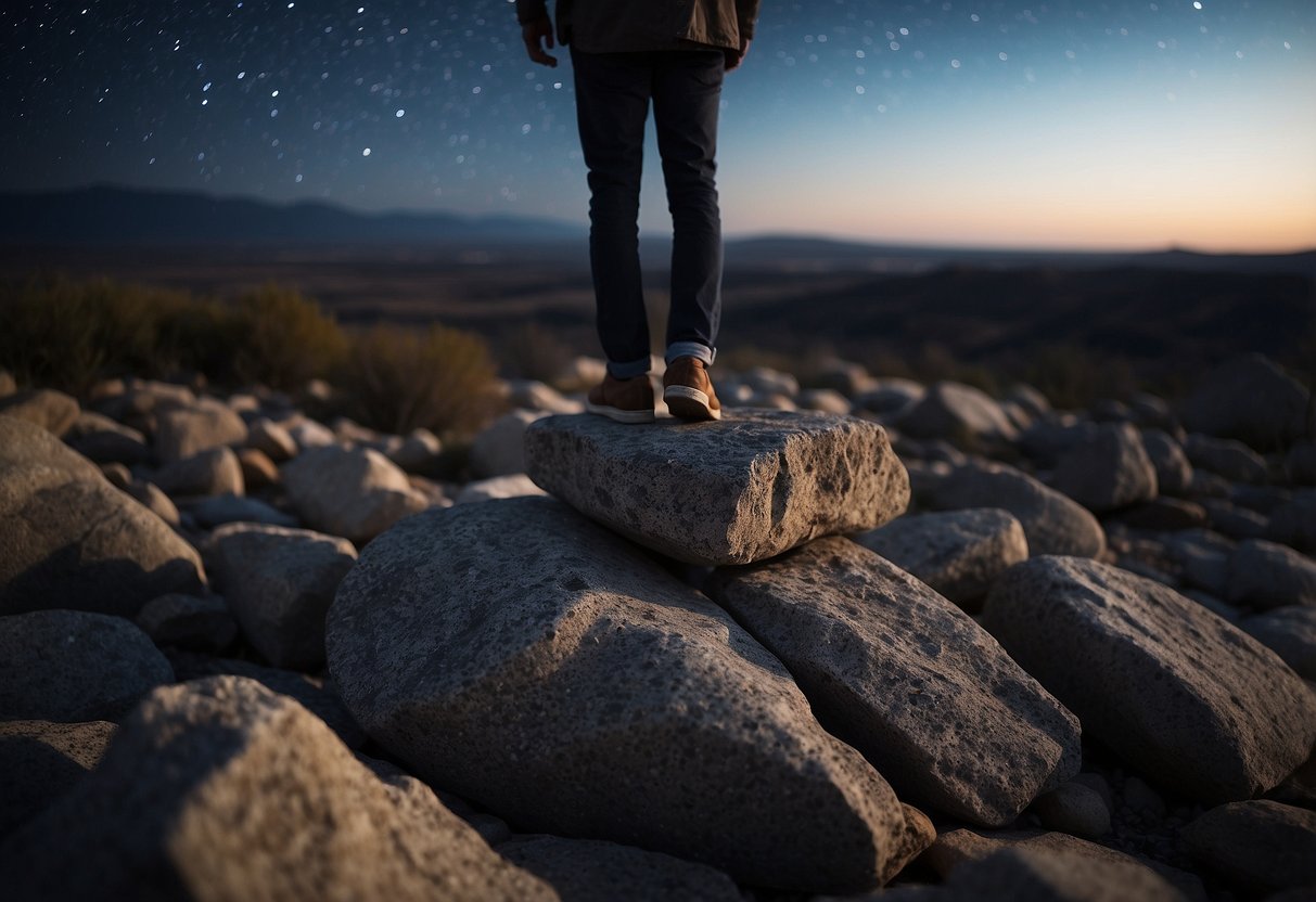 A figure stands with wide feet on a rocky surface, bracing against the wind. The night sky is clear, stars shining brightly overhead