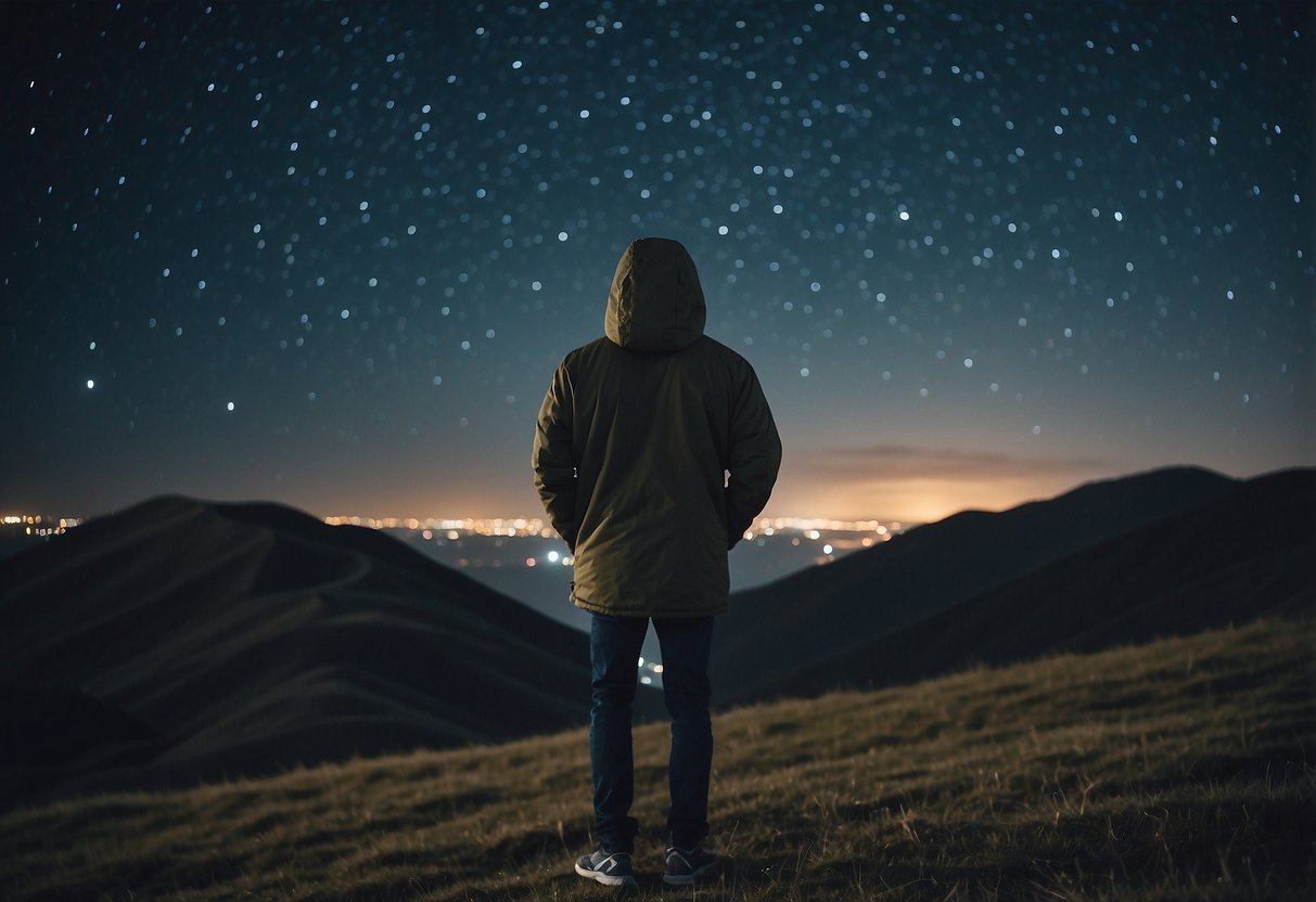 A figure in windproof clothing gazes at stars in a windy night