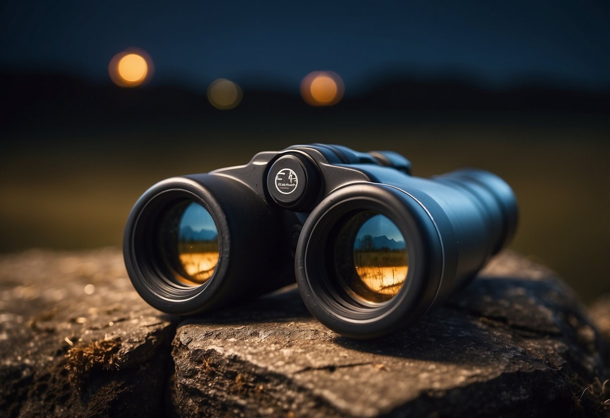 A pair of handheld binoculars with stabilization, pointed towards the night sky in windy conditions