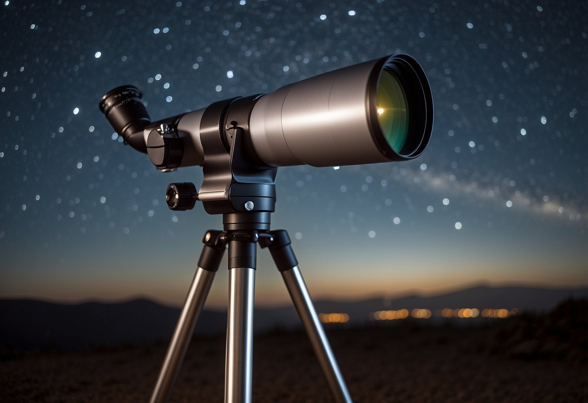 The telescope is set up on a sturdy tripod, with low-magnification eyepieces attached. The wind blows through the night sky, as stars twinkle overhead