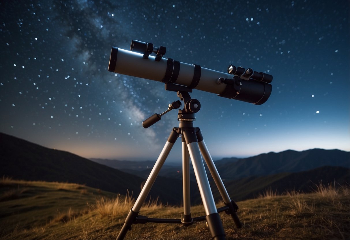 A telescope set up on a hill, surrounded by swirling wind patterns. Stars shine brightly in the night sky, despite the challenging windy conditions