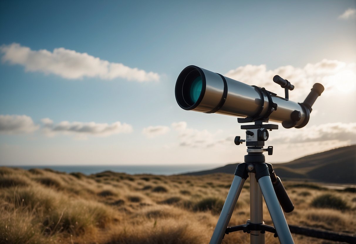 A telescope and tripod stand on a sturdy platform, secured with weights and straps. A windsock flaps vigorously in the breeze, while a protective cover shields the equipment from dust and debris