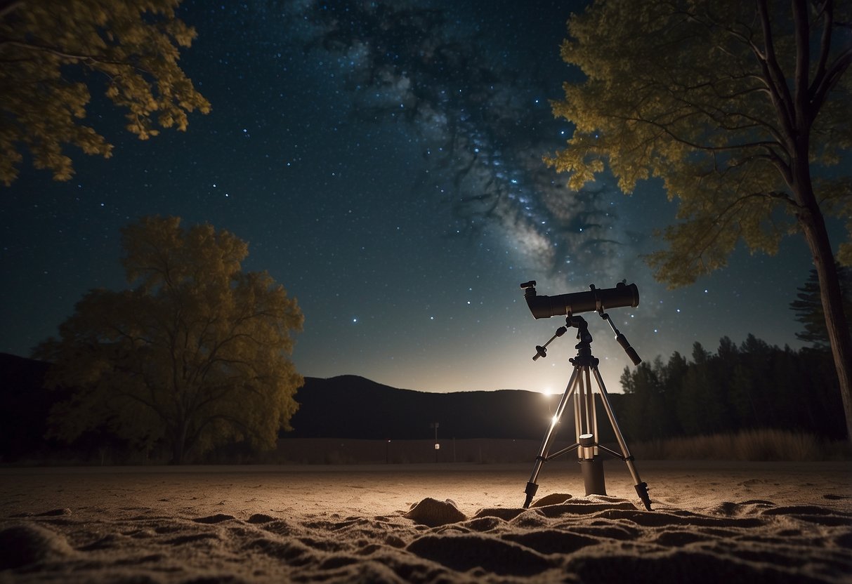 A telescope secured with weights and guy lines against a starry sky with trees swaying in the wind. Sandbags anchor a blanket on the ground