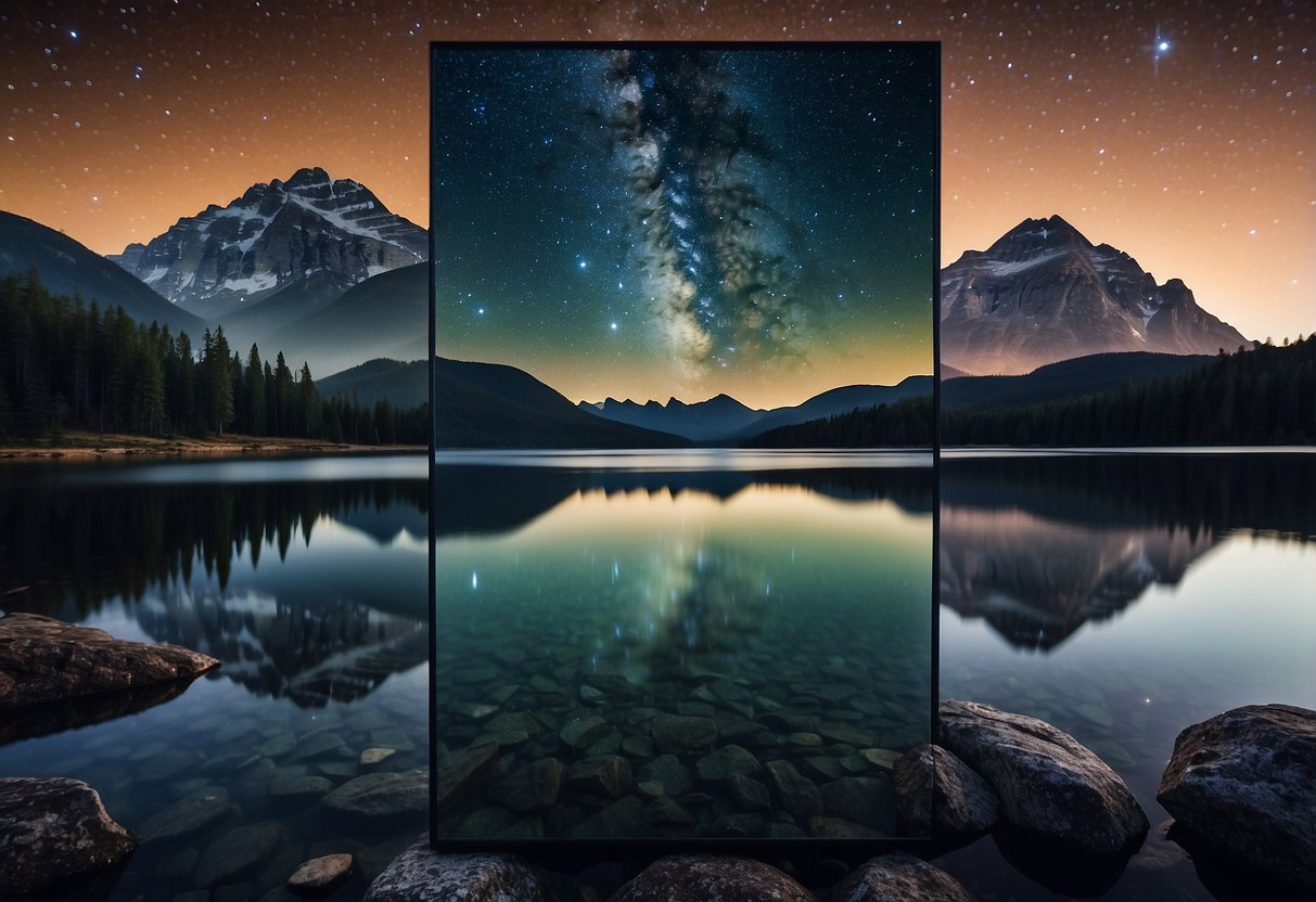 The vast night sky over a tranquil lake, framed by towering mountains and dense forests, with twinkling stars and the Milky Way shining brightly above