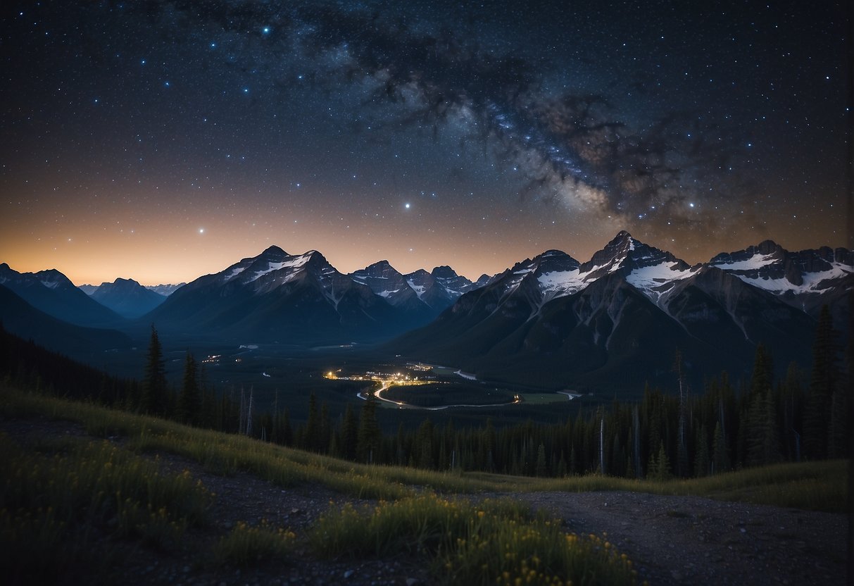 A clear night sky over the Canadian Rockies, with towering mountains and a blanket of stars, showcasing the importance of stargazing in Canada