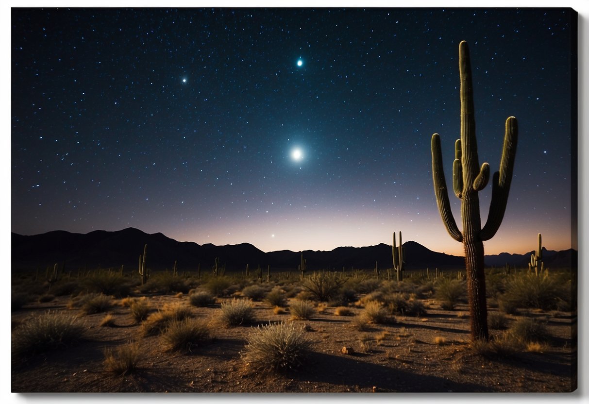 A vast desert landscape under a clear night sky, with a silhouette of a lone cactus and a backdrop of twinkling stars and a bright crescent moon