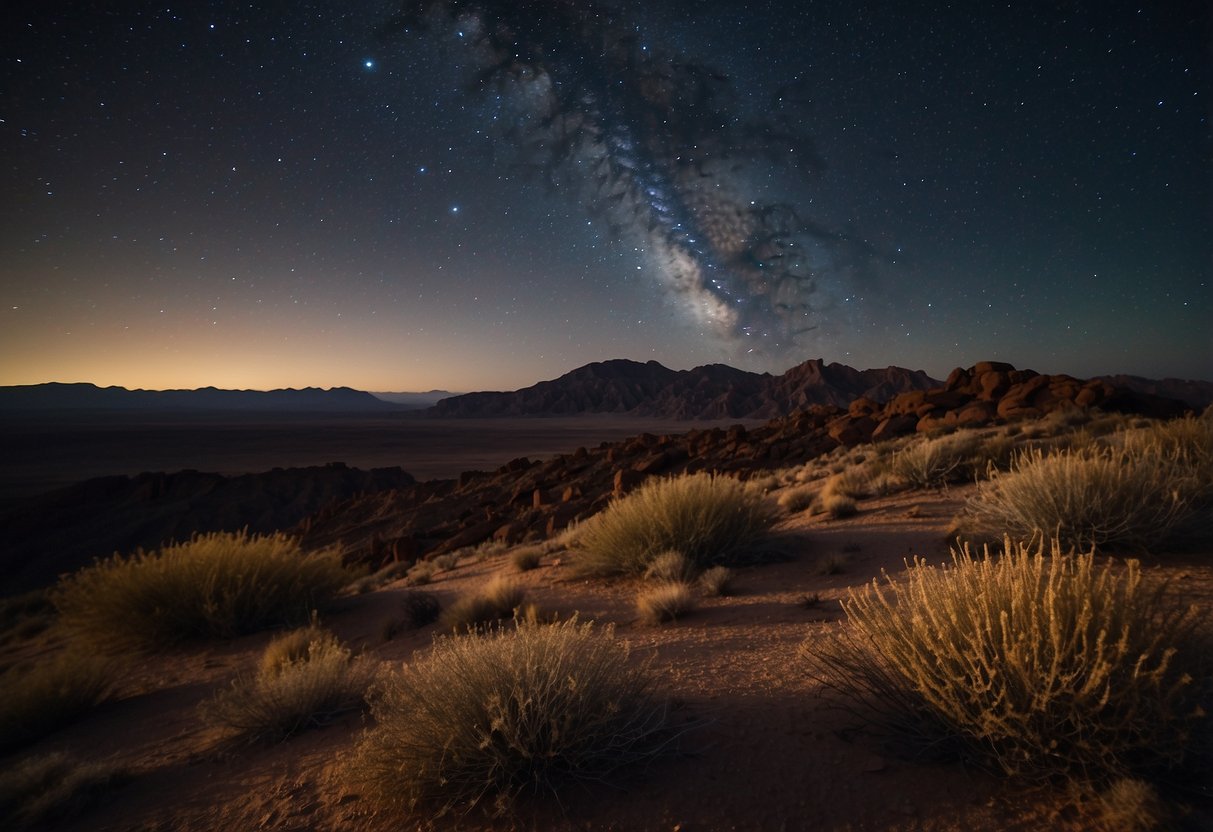 A clear night sky in the desert, from a high elevation spot, with a wide expanse of stars visible