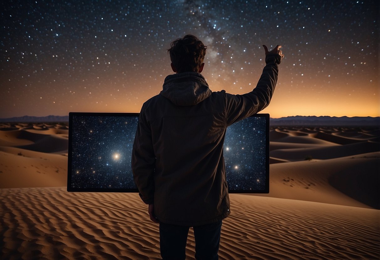 A clear night sky in the desert, with a person holding a star map or using a stargazing app to identify constellations. Sand dunes or rocky desert terrain visible in the background