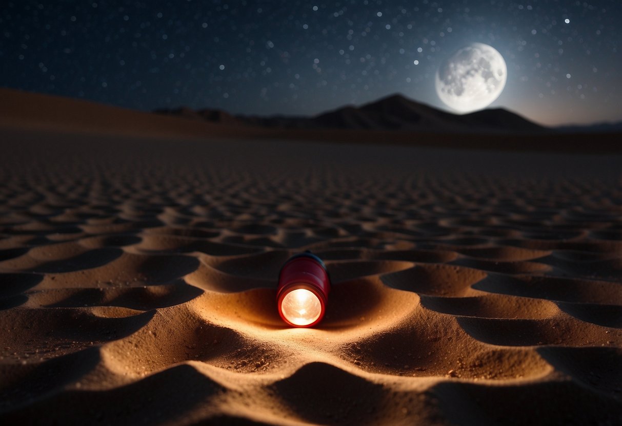 A red light flashlight illuminates the desert night, casting a soft glow on the sandy ground. The vast expanse of the starry sky stretches overhead, with twinkling constellations and a bright crescent moon