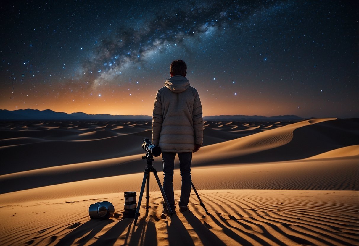 A figure packs warm clothes under a starry desert sky. Sand dunes stretch into the distance, while a telescope stands ready for stargazing