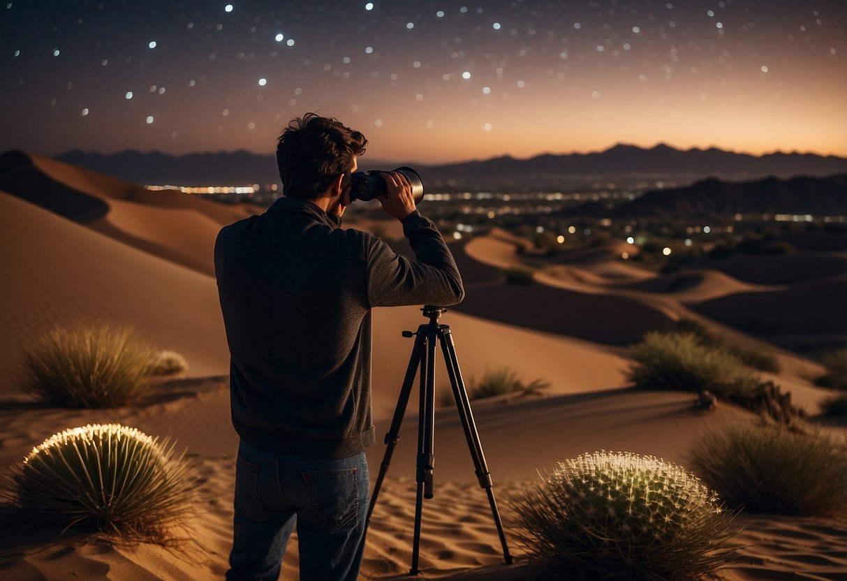 A desert landscape at night with a clear sky filled with stars. A person uses binoculars to gaze at the stars. Sand dunes and cacti are visible in the background