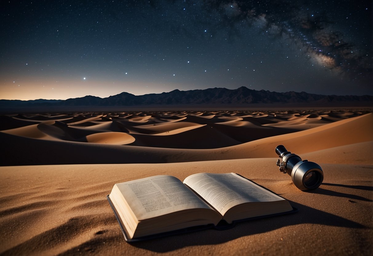 A desert landscape with a clear night sky, featuring a new moon and twinkling stars. A telescope and stargazing guide book are placed on a sandy surface