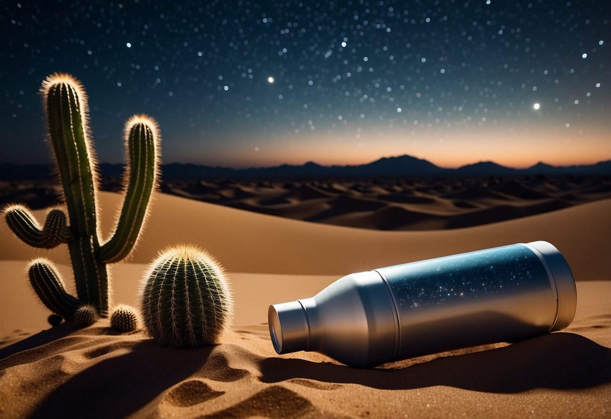 A clear night sky over a desert landscape, with a water bottle and telescope nearby. A starry sky fills the background, with cacti and sand dunes in the foreground