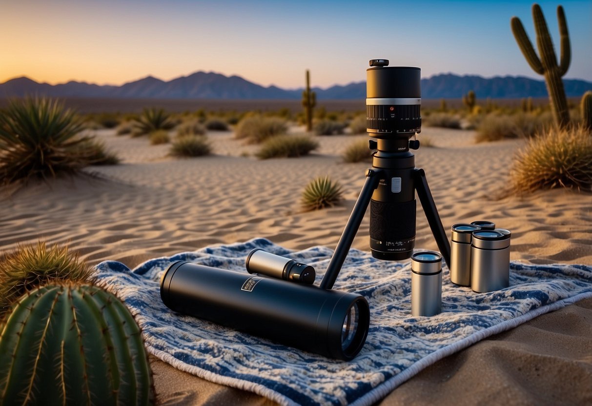 A telescope, binoculars, and a star chart lay on a blanket. A camping chair faces the night sky, surrounded by cacti and sand dunes