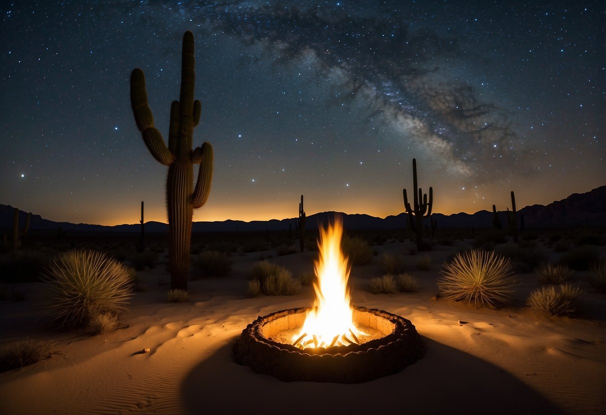 A clear desert night sky with bright stars, a cactus silhouette, and a small campfire. Sand dunes in the background