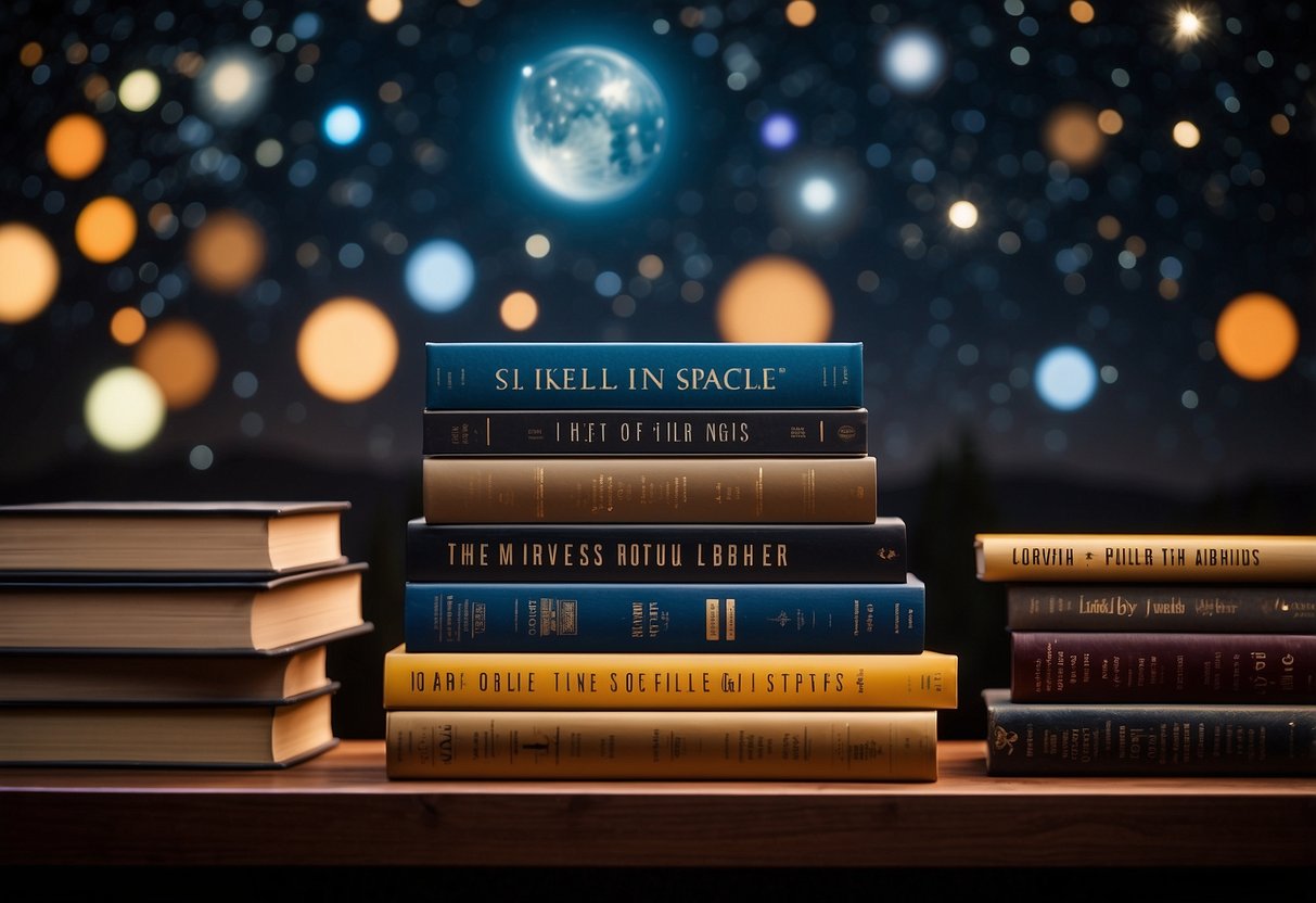 A stack of 5 books about space and the universe, arranged neatly on a sleek, modern bookshelf with a starry night sky poster in the background