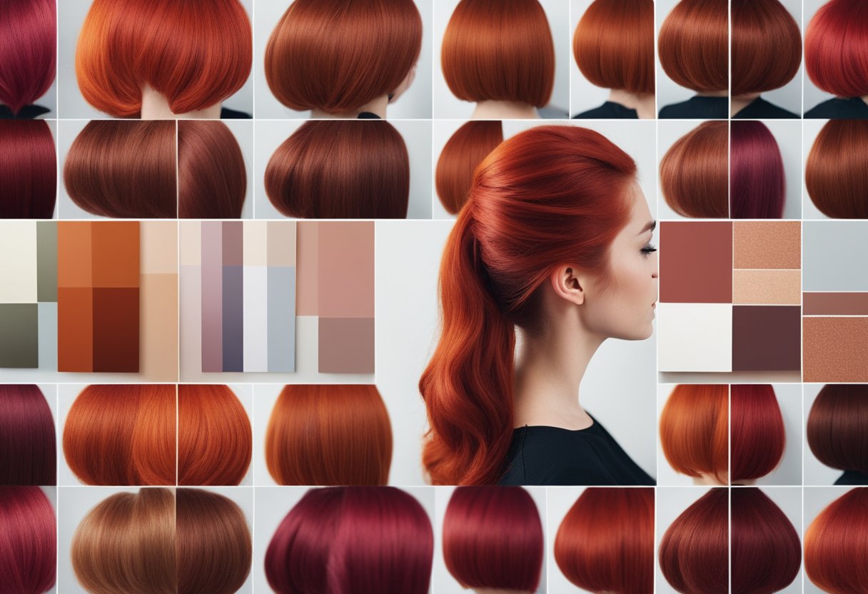 A natural or dyed red-haired woman surrounded by various shades of red hair dye, comparing them to her own natural hue