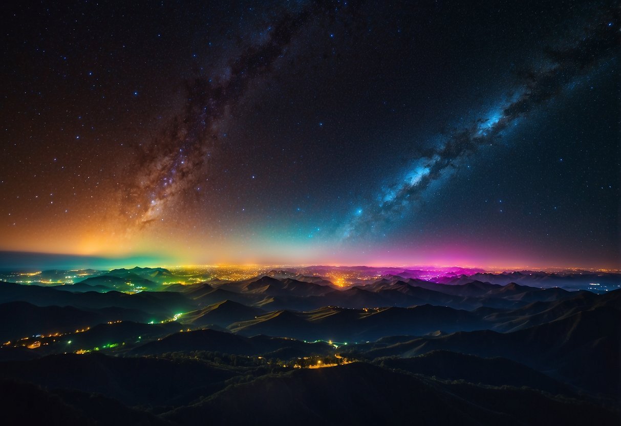 Vivid stars shine in the night sky, each emitting a spectrum of vibrant colors. The stars stand out against the dark backdrop, creating a stunning celestial display