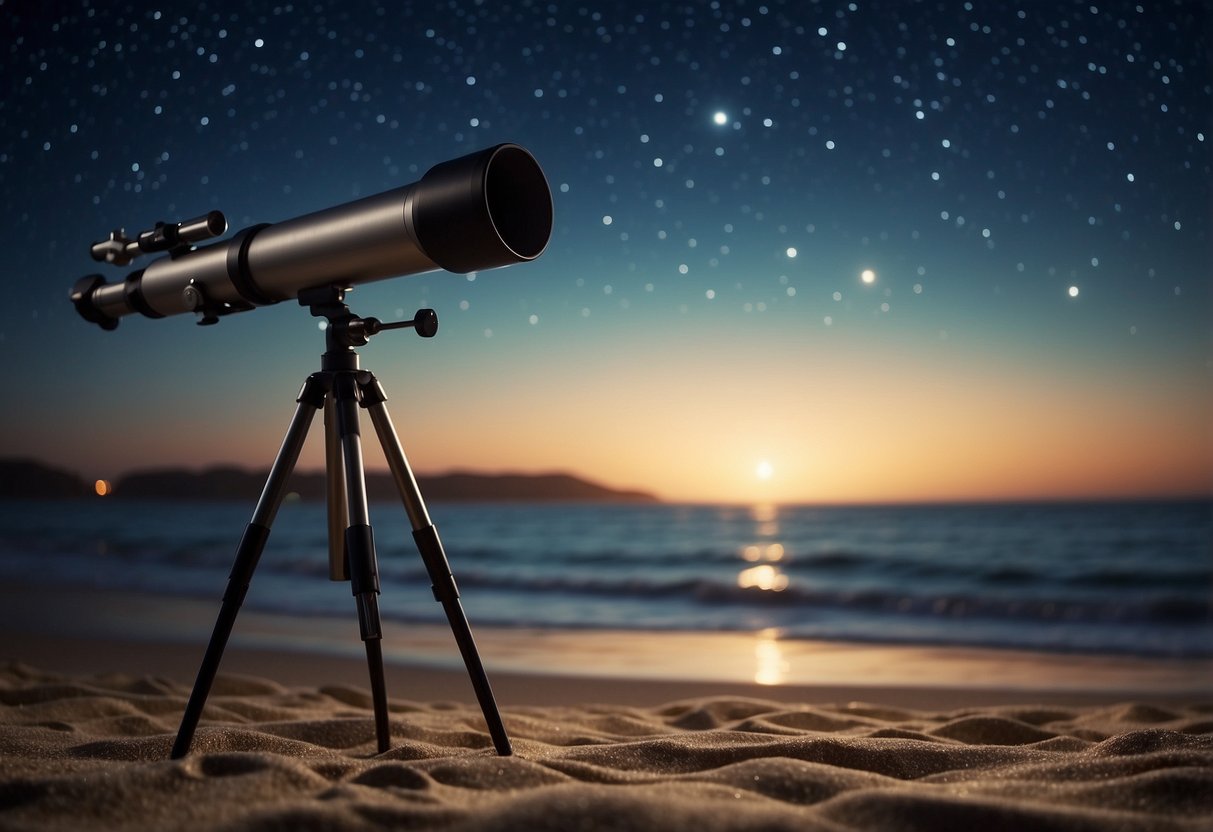 The beach at night, waves gently lapping the shore. A clear sky filled with twinkling stars. A telescope set up on the sand, pointing towards the heavens