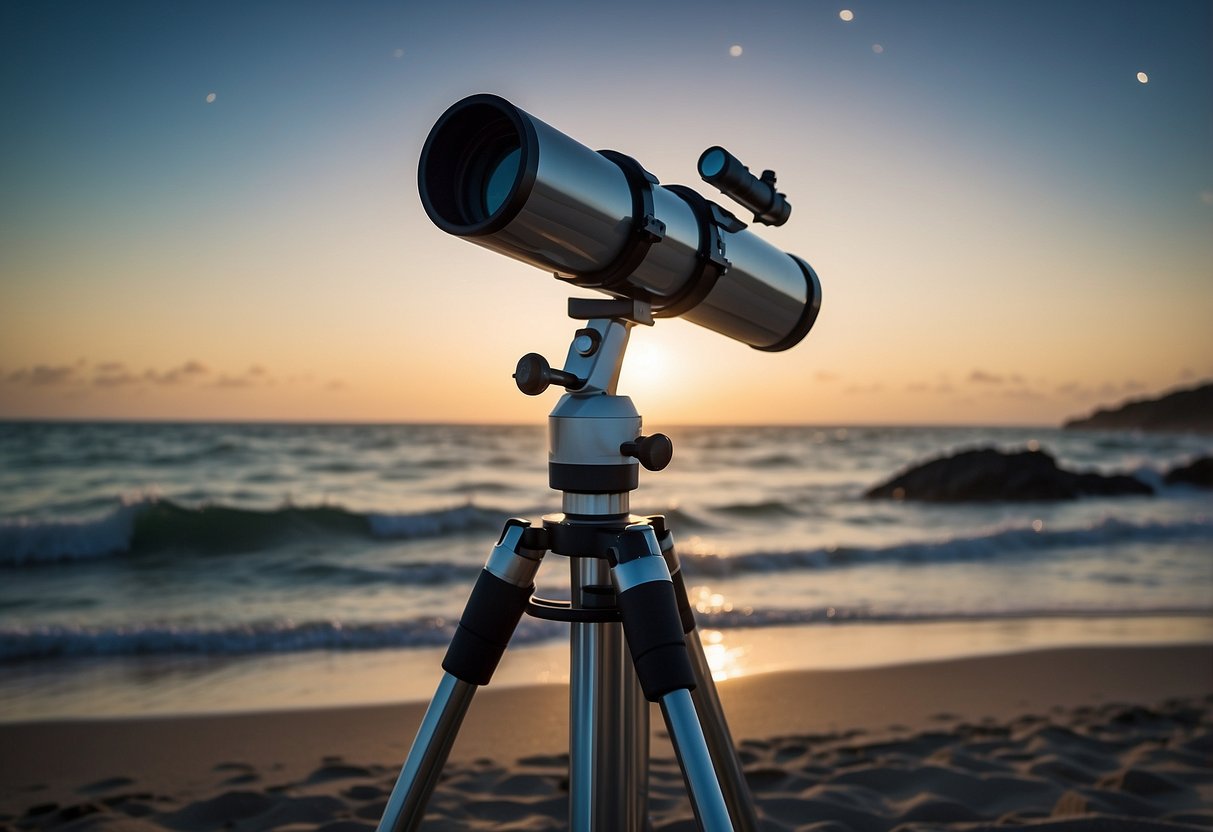 A high-quality telescope points towards a starry beach sky. Waves crash in the background