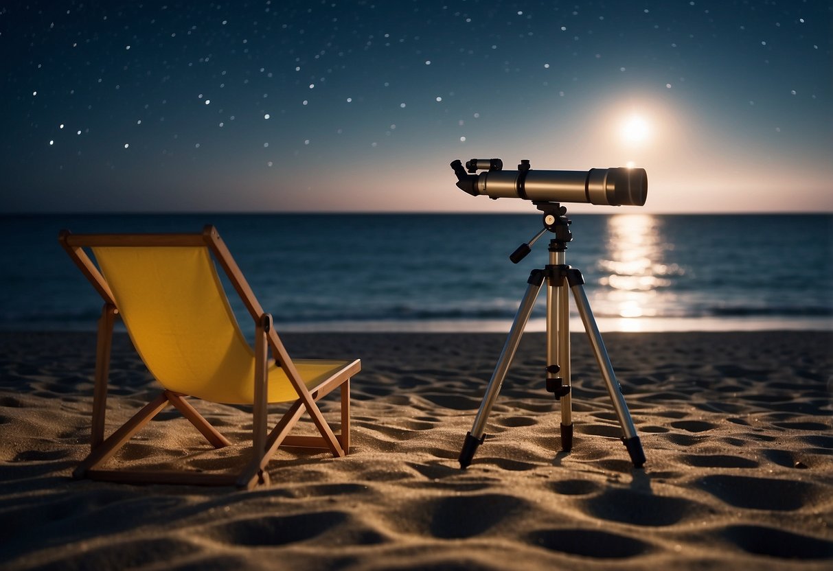 A clear night sky over a calm beach, with stars shining brightly. A telescope and beach chair are set up for stargazing. The moon is visible in the sky