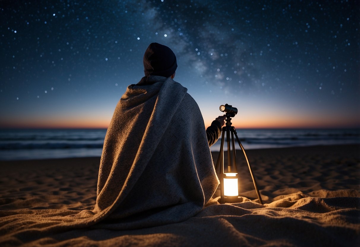 A person in warm clothing sits on a beach at night, looking up at the stars with a telescope and a blanket. Waves crash in the background