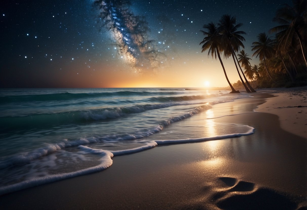 Starry beach scene with dark sky, shimmering water, and silhouetted palm trees. No white light, just the twinkling stars