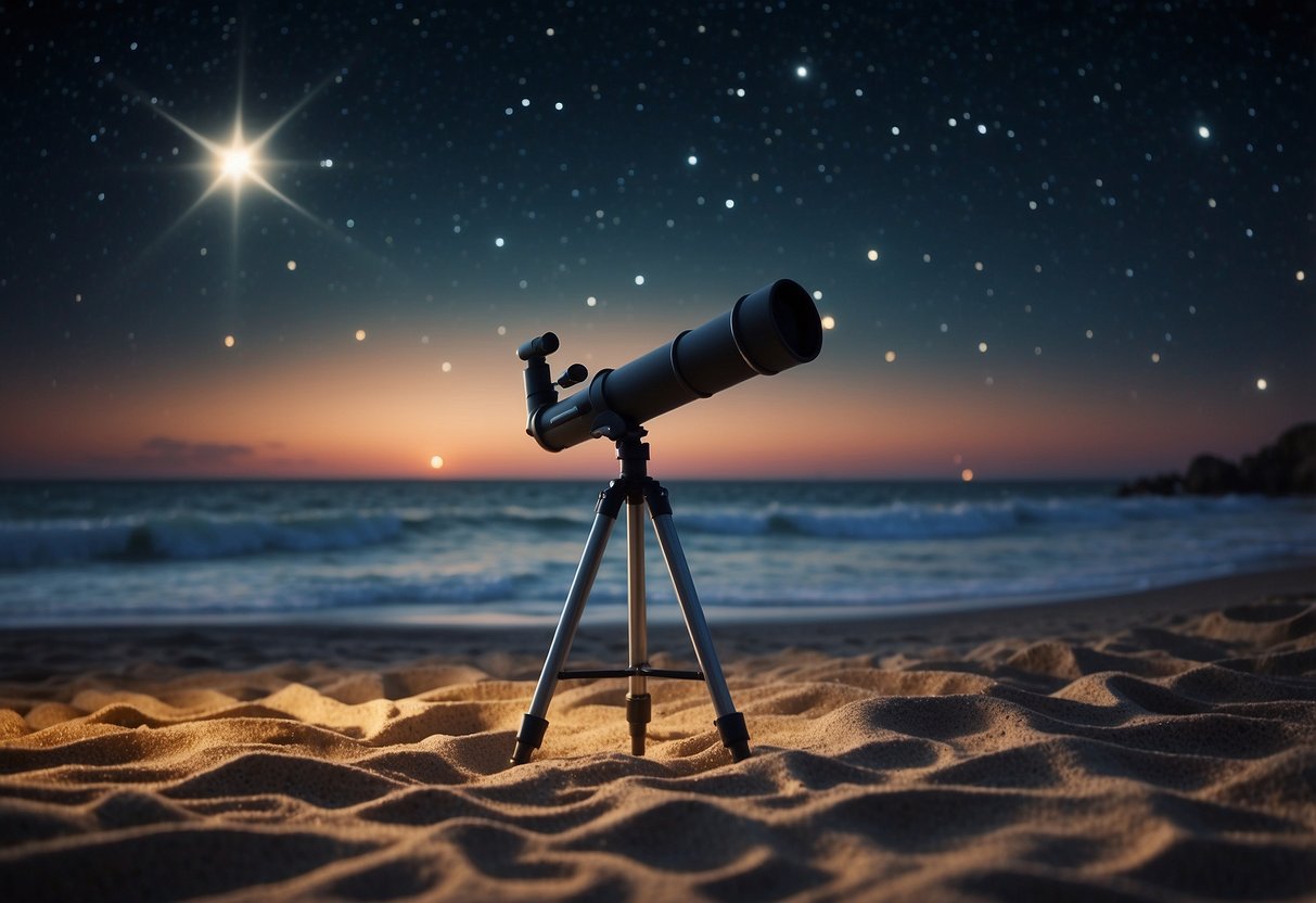 The beach at night, waves lapping at the shore, stars twinkling above. A telescope and blanket lay on the sand, with a faint glow from a distant lighthouse