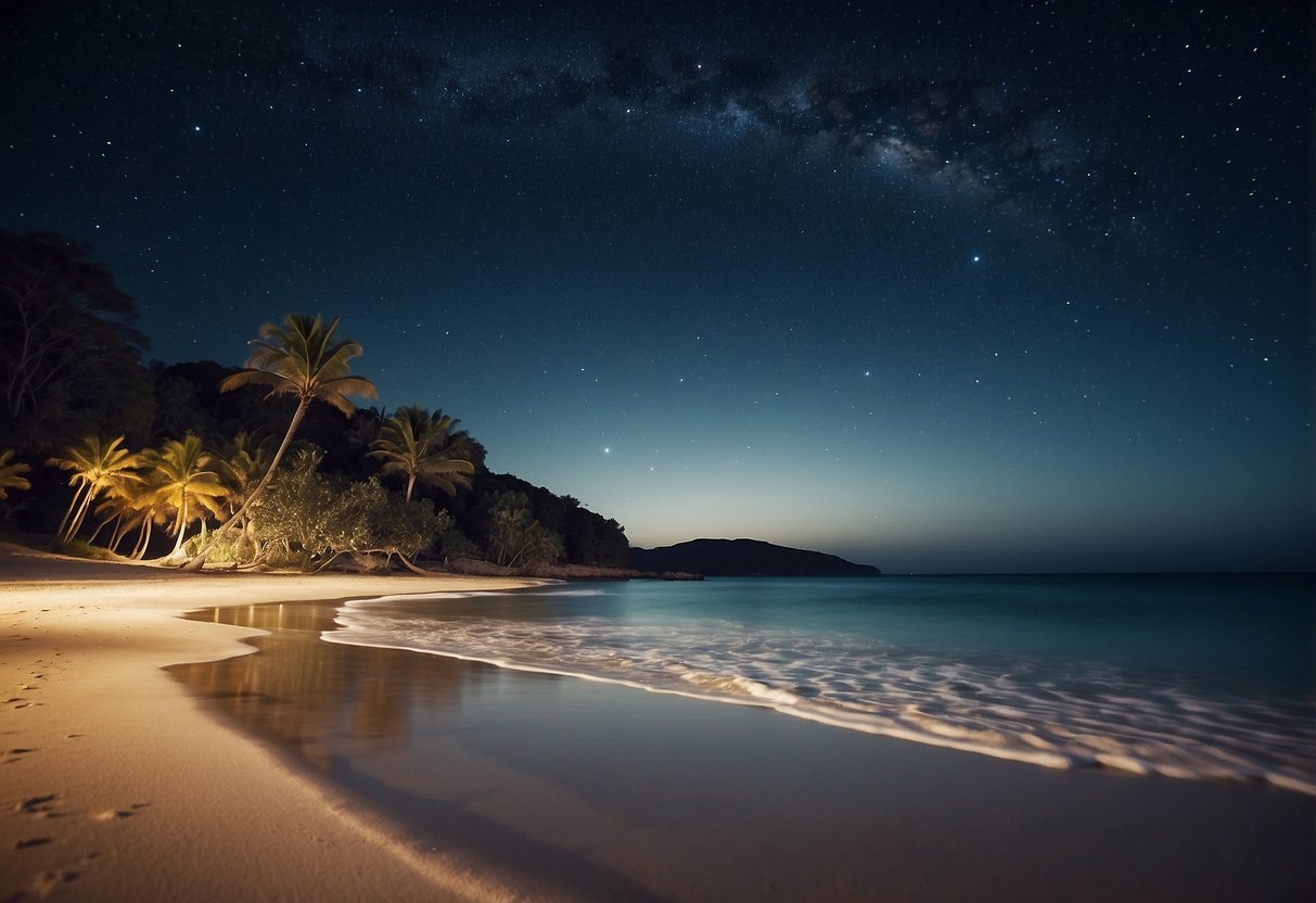 A peaceful beach at night, waves gently lapping the shore. A clear sky filled with twinkling stars, perfect for stargazing