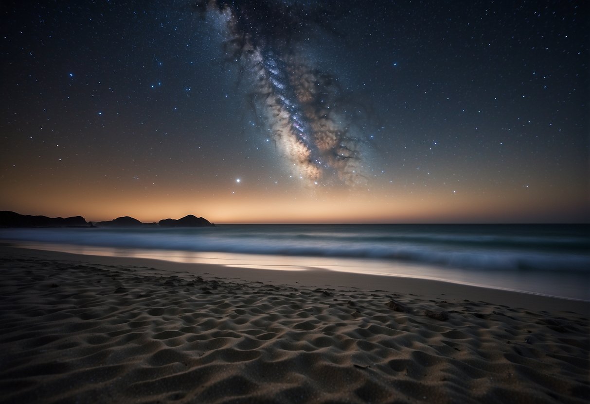 A calm beach at night, waves gently lapping the shore. A clear sky filled with twinkling stars and a faint glow of the Milky Way. A telescope set up on the sand, pointing towards the heavens