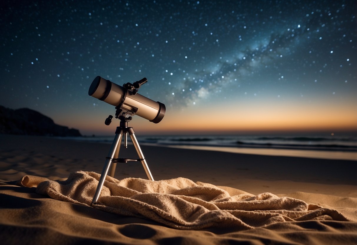 A sandy beach at night with a clear sky filled with stars. A telescope and a blanket laid out on the sand, with waves gently crashing in the background