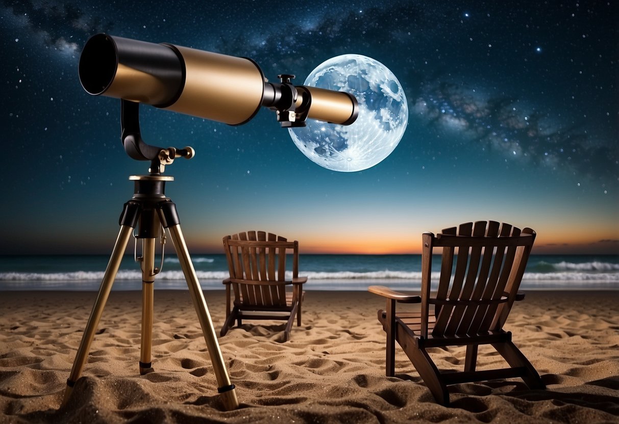 A beach scene with a telescope, blanket, and beach chairs under a starry sky with waves crashing in the background